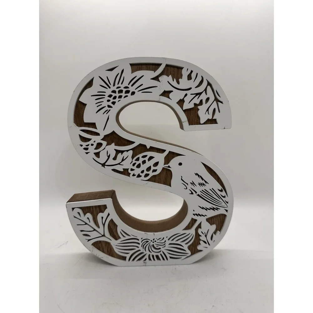 Decorative Letter S Wood Wall Decor Floral Bird Monogram Farmhouse White